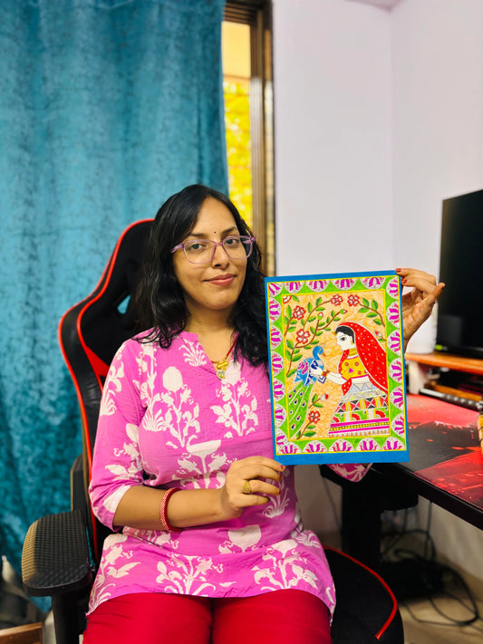 Lady of Mithila with Peacock - Canvas by Priyank & Khushboo