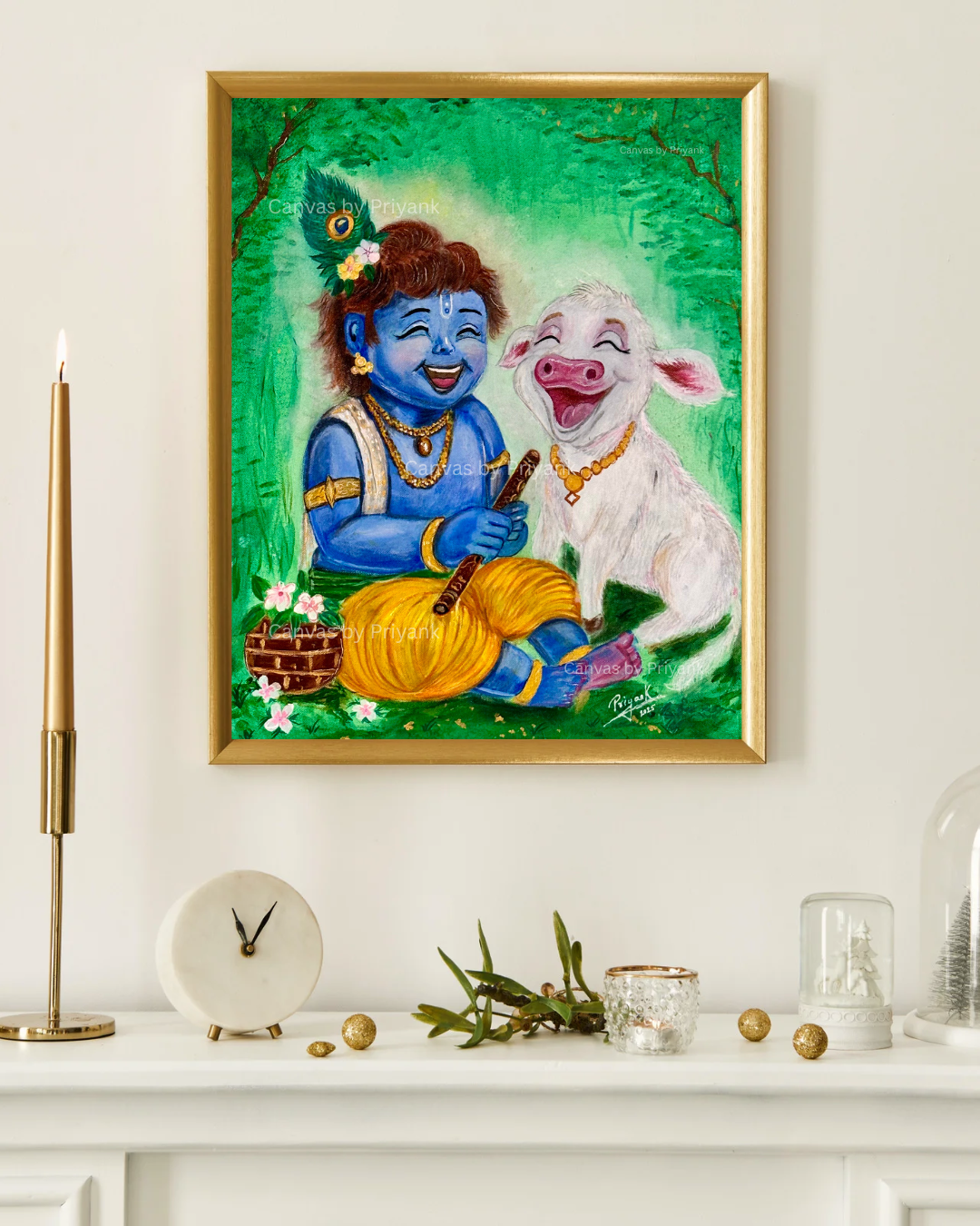 Little Krishna with Baby Calf Acrylic on Canvas