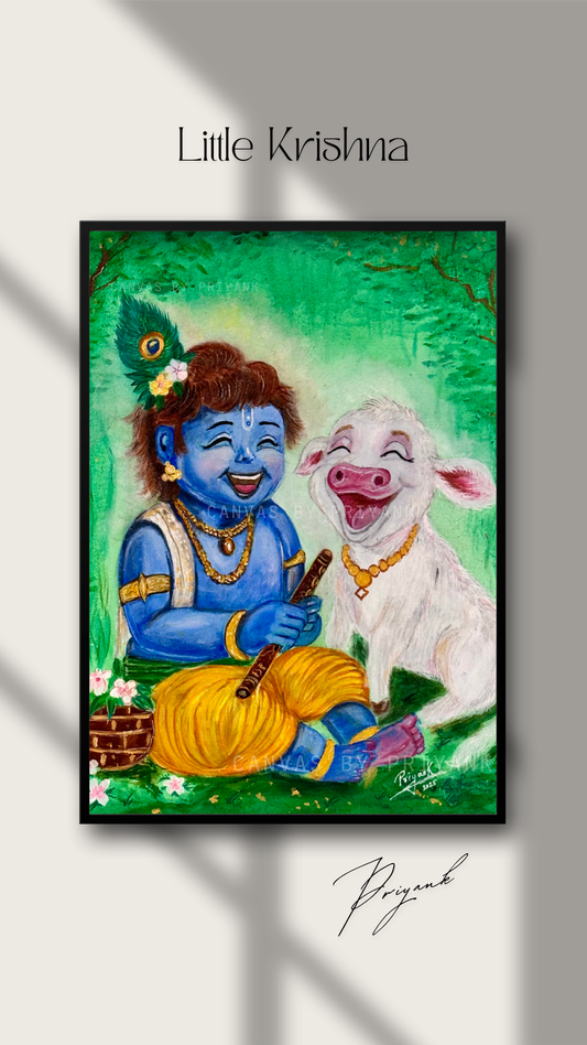 Little Krishna with Baby Calf Acrylic on Canvas