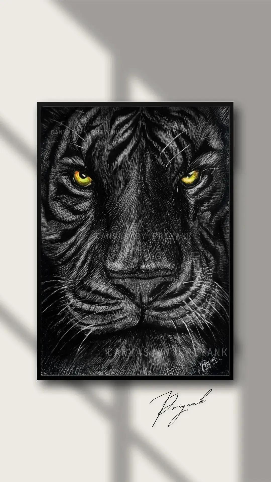 Fearless Tiger Face Original Hand-Painted in Charcoal (12X16) - Canvas by Priyank & Khushboo