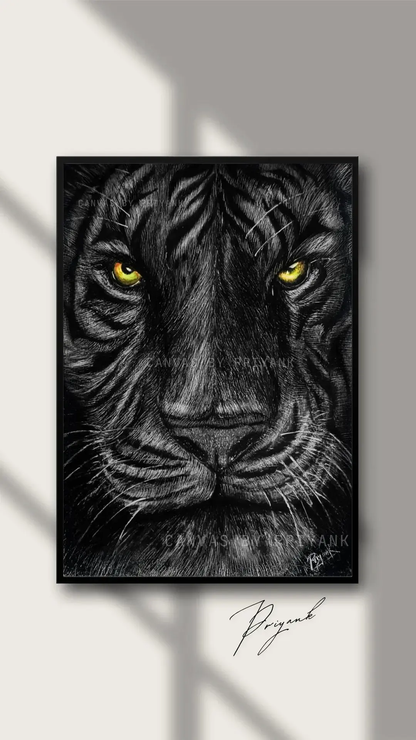 Fearless Tiger Face Original Hand-Painted in Charcoal (12X16) - Canvas by Priyank & Khushboo