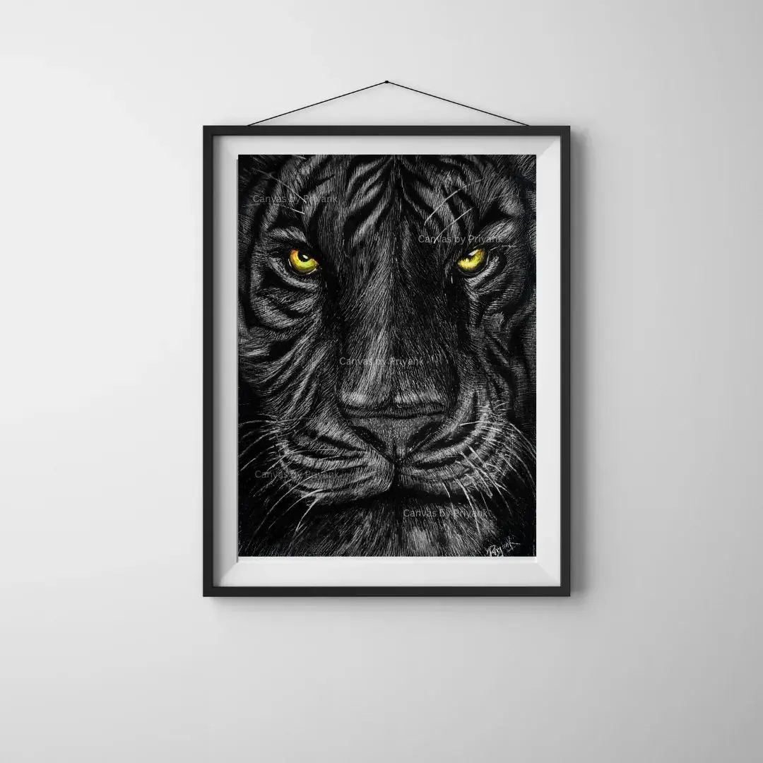 Fearless Tiger Face Original Hand-Painted in Charcoal (12X16) - Canvas by Priyank & Khushboo