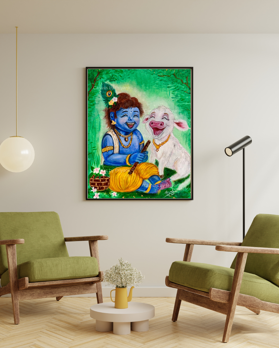 Little Krishna with Baby Calf Acrylic on Canvas