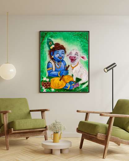 Little Krishna with Baby Calf Acrylic on Canvas
