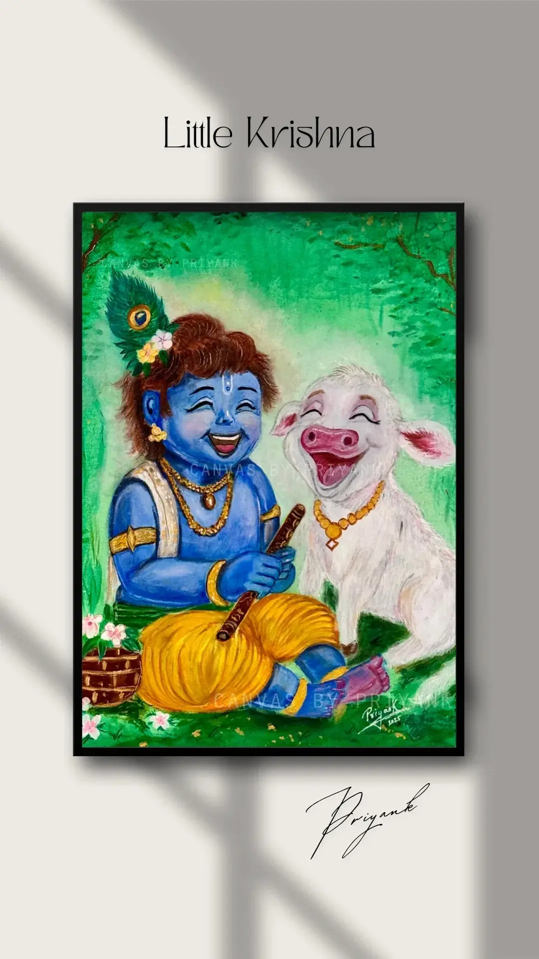 Little Krishna with Calf - Original Hand-Painted Acrylic Art 16 x 20 Canvas - Canvas by Priyank & Khushboo