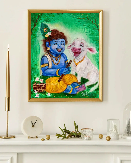 Little Krishna with Calf - Original Hand-Painted Acrylic Art 16 x 20 Canvas - Canvas by Priyank & Khushboo