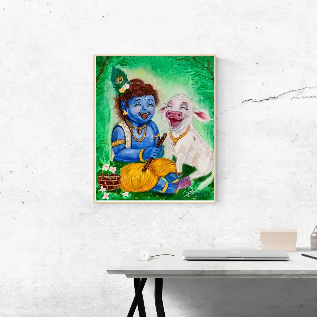 Little Krishna with Calf - Original Hand-Painted Acrylic Art 16 x 20 Canvas - Canvas by Priyank & Khushboo