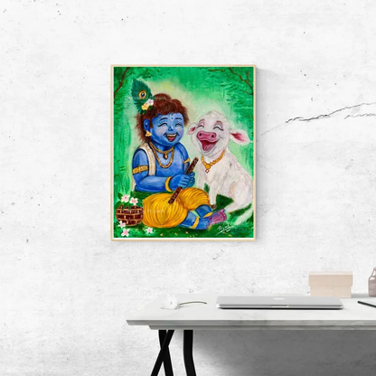 Little Krishna with Calf - Original Hand-Painted Acrylic Art 16 x 20 Canvas - Canvas by Priyank & Khushboo