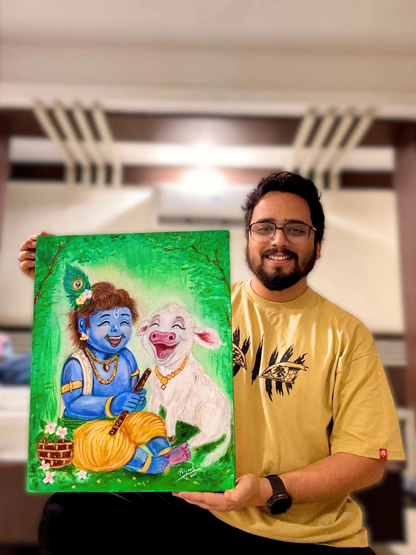 Little Krishna with Calf - Original Hand-Painted Acrylic Art 16 x 20 Canvas - Canvas by Priyank & Khushboo