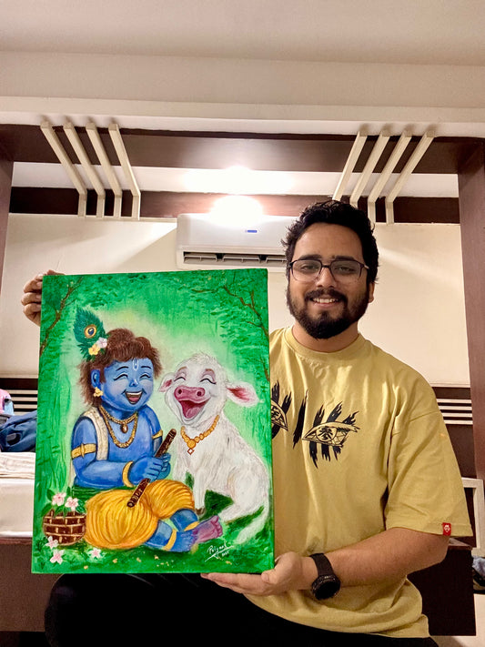 Little Krishna with Baby Calf Acrylic on Canvas