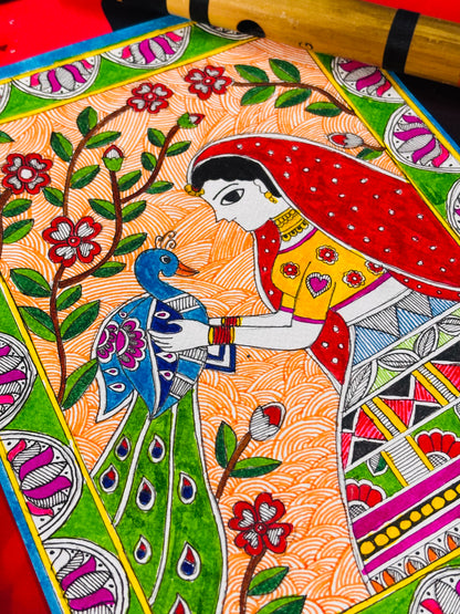 Lady of Mithila with Peacock - Canvas by Priyank & Khushboo