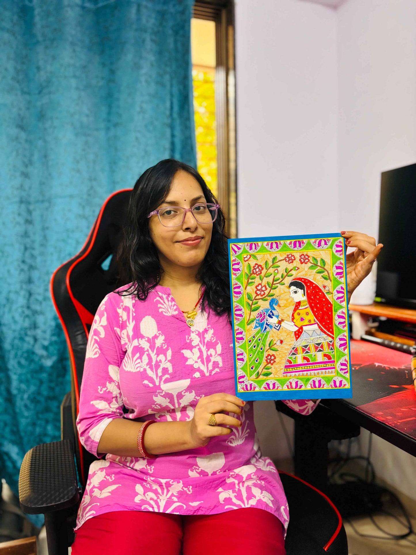 Lady of Mithila with Peacock Original Hand-Painted Acrylic on Canvas