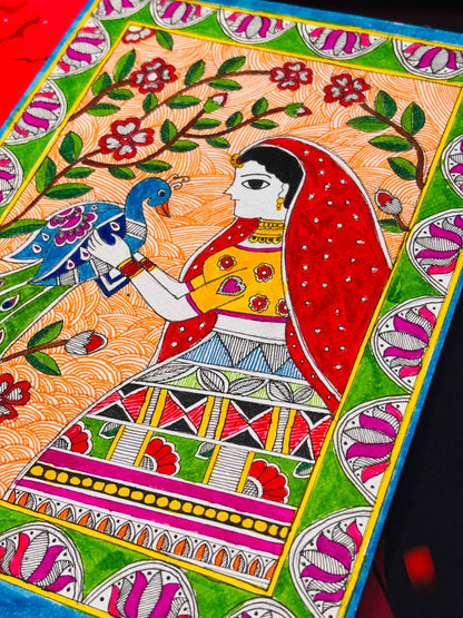 Lady of Mithila with Peacock Original Hand-Painted Acrylic on Canvas