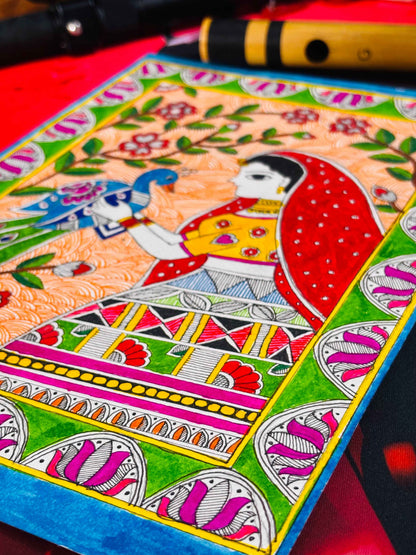Lady of Mithila with Peacock Original Hand-Painted Acrylic on Canvas