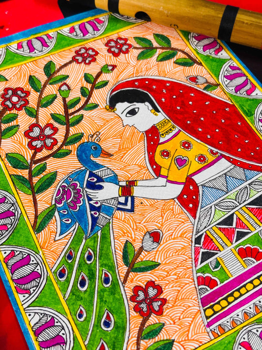 Lady of Mithila with Peacock Original Hand-Painted Acrylic on Canvas