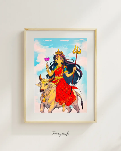 Maa Shailputri in Anime Art style | Navratri Special Goddess Painting | Wall Art - Canvas by Priyank & Khushboo