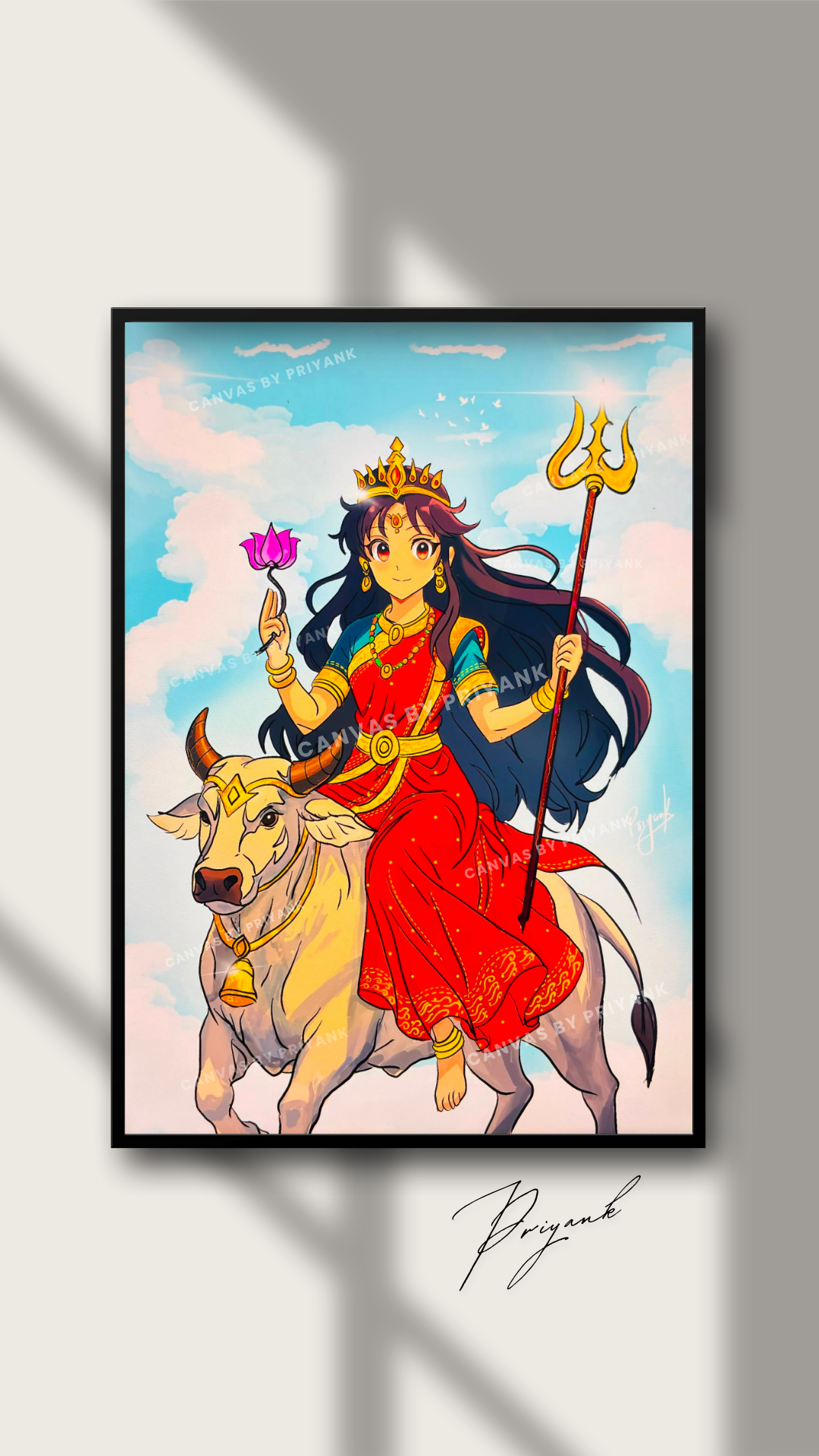 Maa Shailputri in Anime Art style | Navratri Special Goddess Painting | Wall Art - Canvas by Priyank & Khushboo