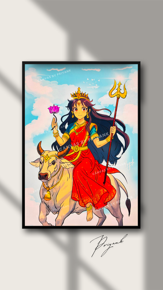 Maa Shailputri in Anime Art style | Navratri Special Goddess Painting | Wall Art - Canvas by Priyank & Khushboo