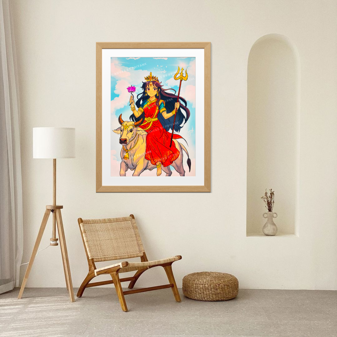 Maa Shailputri in Anime Art style | Navratri Special Goddess Painting | Wall Art - Canvas by Priyank & Khushboo