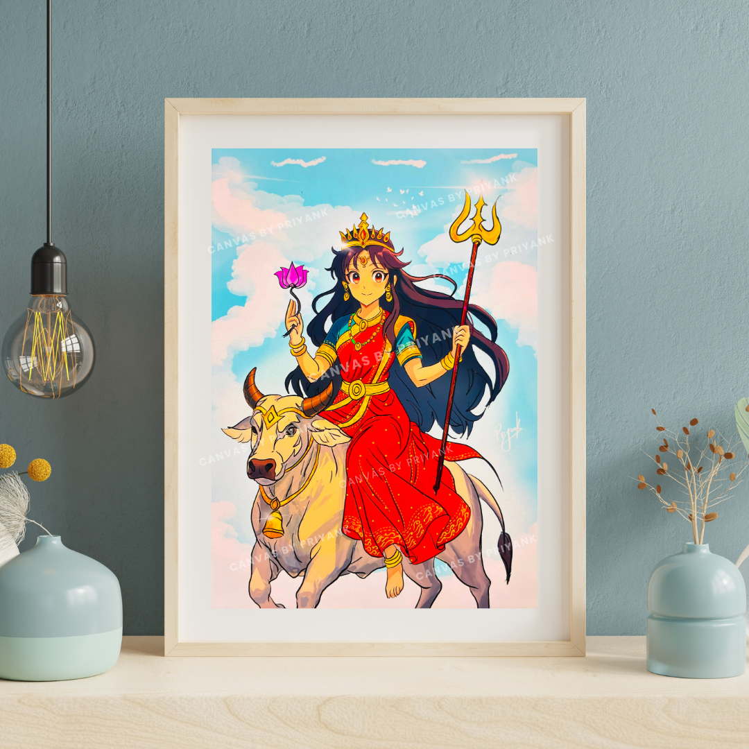 Maa Shailputri in Anime Art style | Navratri Special Goddess Painting | Wall Art - Canvas by Priyank & Khushboo