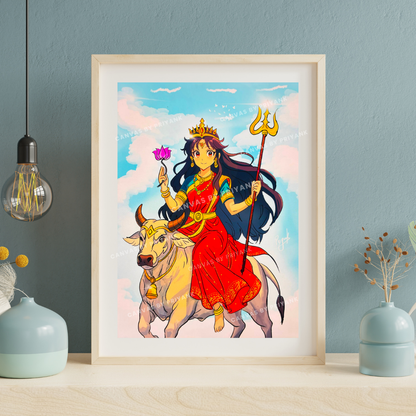 Maa Shailputri in Anime Art style | Navratri Special Goddess Painting | Wall Art - Canvas by Priyank & Khushboo