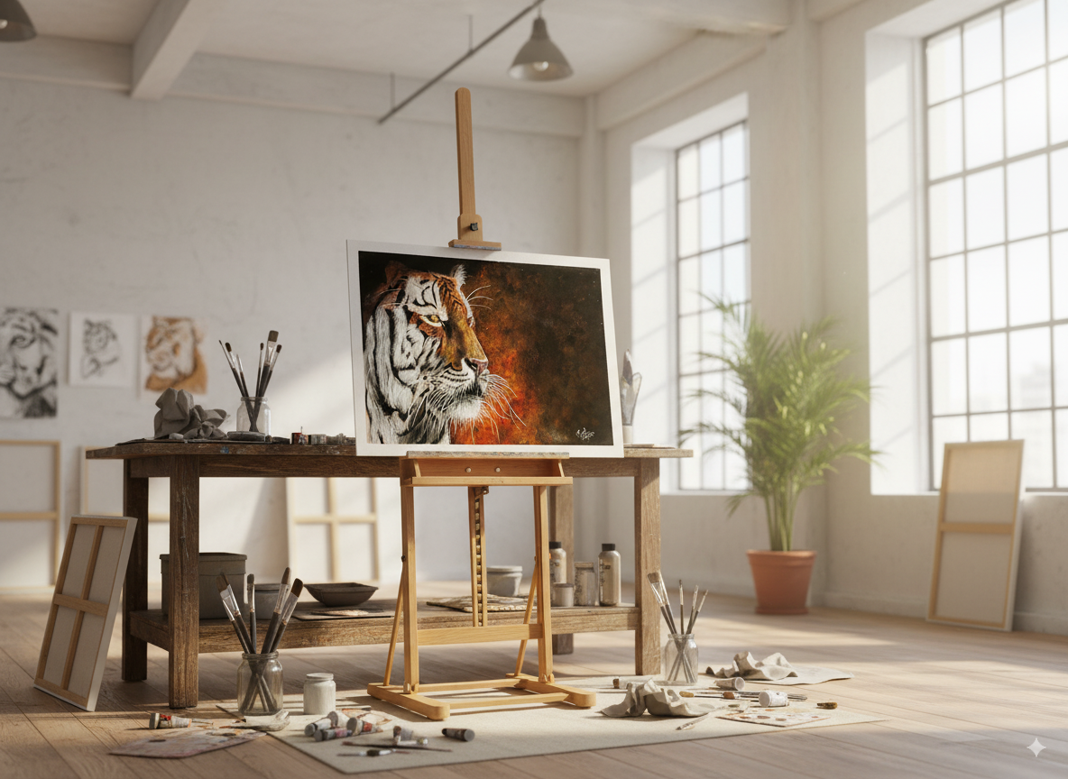 Art studio with a painting of a tiger on an easel, surrounded by art supplies and decor.