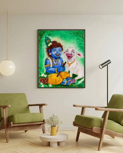 Little Krishna with Baby Calf Acrylic on Canvas - Canvas by Priyank & Khushboo