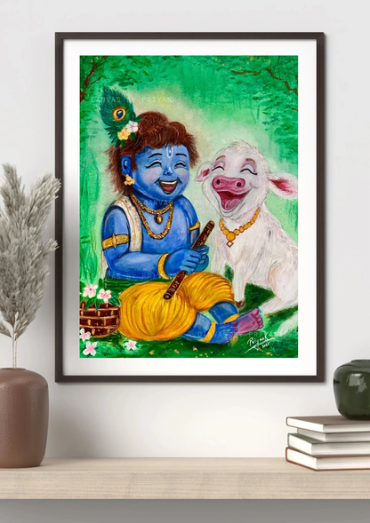 Little Krishna with Baby Calf Acrylic on Canvas - Canvas by Priyank & Khushboo